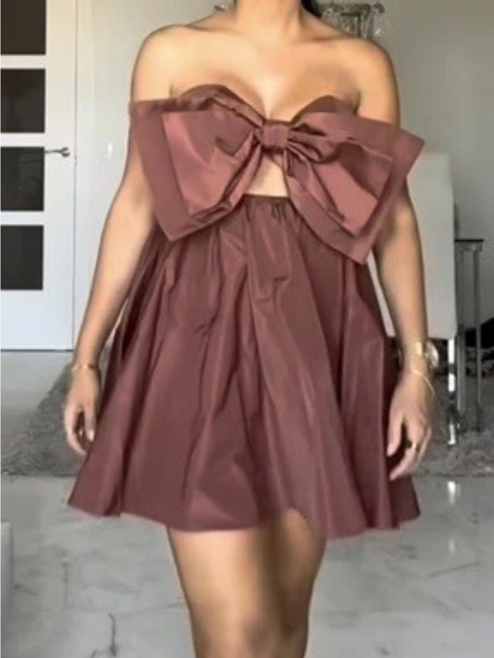 Zara Strapless Brown Bow-Front Mini Dress Medium NWT